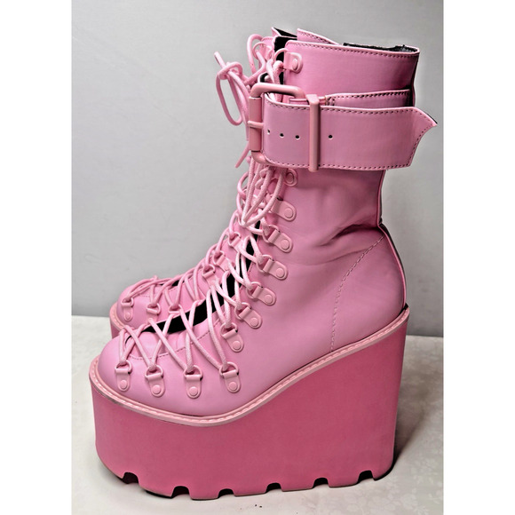 Sugar Thrillz Pink Platform Boots Size 7M Y2K Goth Rave Chunky Wedge Lace Up - Picture 4 of 14
